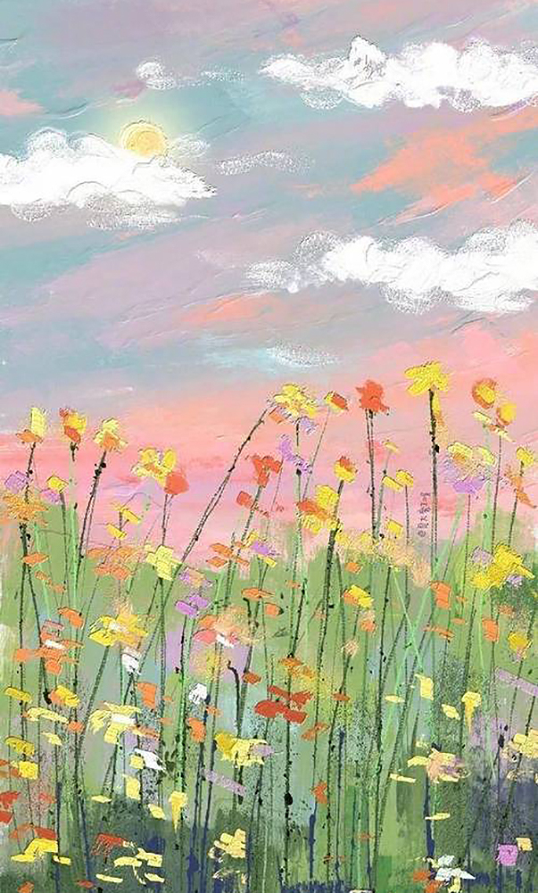 Wanddekoration mit Wildblumen Himmel Wolken Blumen Ölgemälde